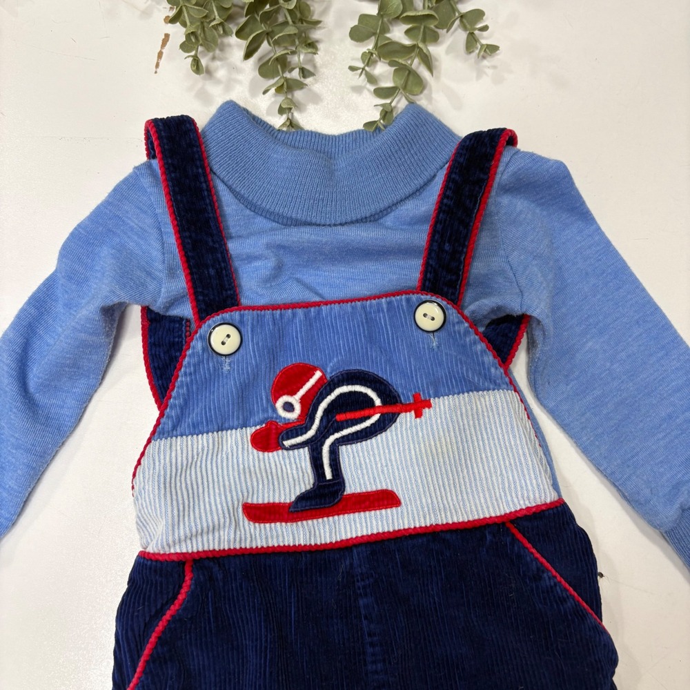 Vintage Kids 2T Corduroy Overalls‎ Set Navy Blue Skiing Applique Mock Neck Shirt - Picture 2 of 6